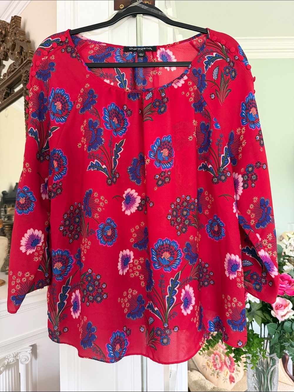 Sharagano Red Floral Scoop-Neck Blouse with Blue & Pink Flowers
